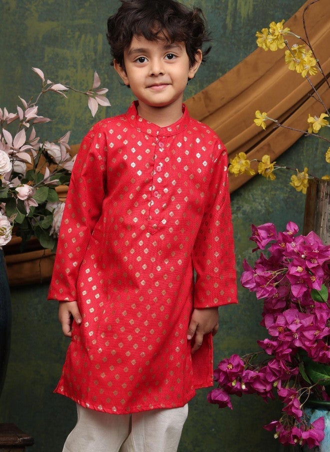 Saka Designs Floral Printed Red Kurta With Pyjamas For Boys - Image 2
