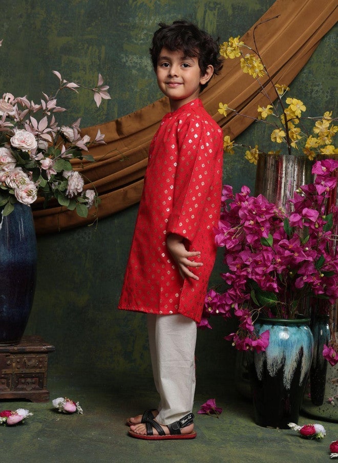 Saka Designs Floral Printed Red Kurta With Pyjamas For Boys - Image 3