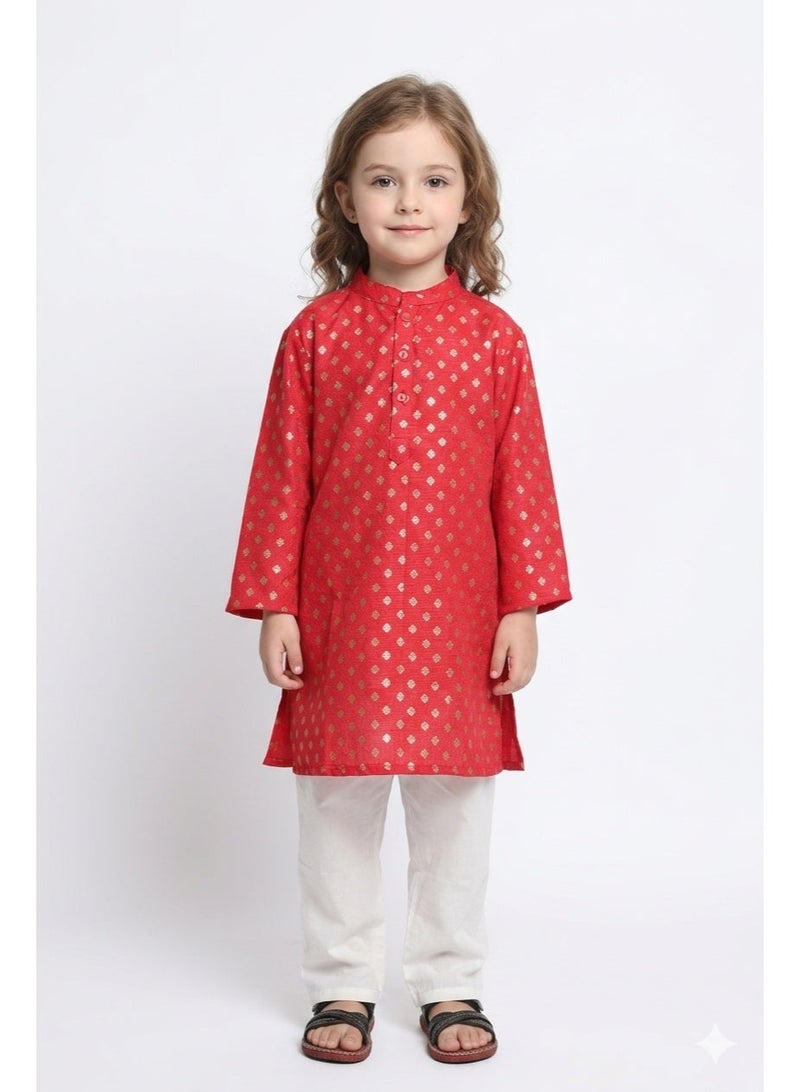 Saka Designs Floral Printed Red Kurta With Pyjamas For Boys - Image 1