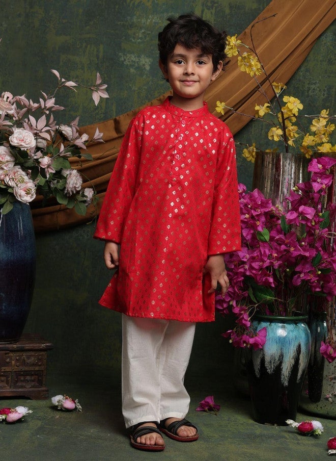 Saka Designs Floral Printed Red Kurta With Pyjamas For Boys - Image 5