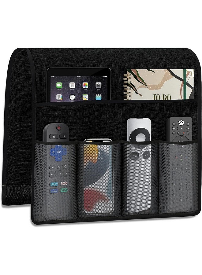NIHSPRUHAY Sofa Caddy Organizer Remote Control Holder for Couch Recliner Cotton Non Slip Armrest Chair Caddie with 6 Grey Mesh Pocket Newspaper Storage for Tablet, Magazine, Phone, iPad,( Black ) - Image 1