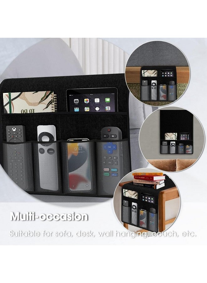 NIHSPRUHAY Sofa Caddy Organizer Remote Control Holder for Couch Recliner Cotton Non Slip Armrest Chair Caddie with 6 Grey Mesh Pocket Newspaper Storage for Tablet, Magazine, Phone, iPad,( Black ) - Image 4