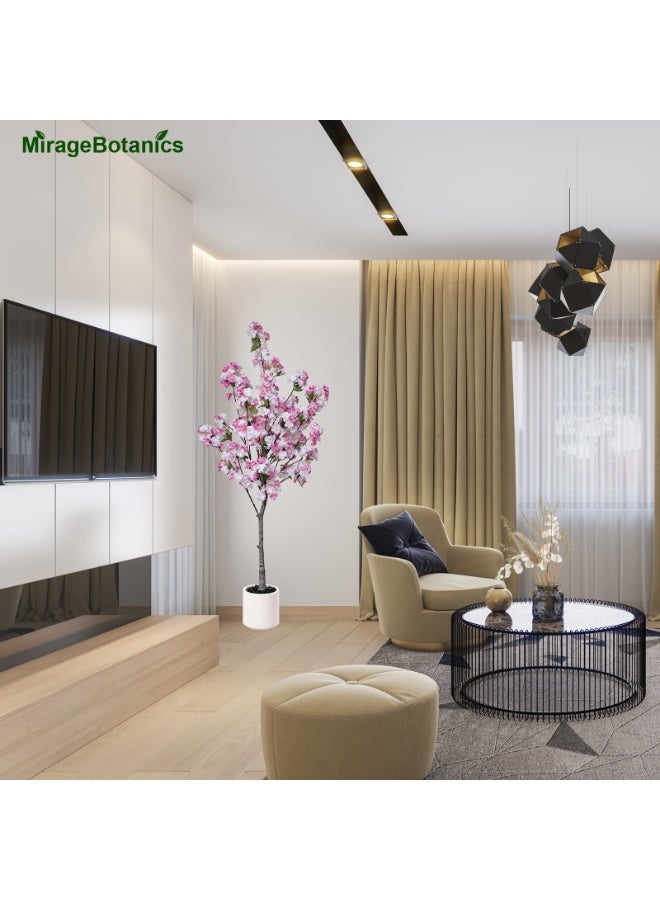 ميراج بوتانيكس شجرة زهرة الكرز الاصطناعية مع المزرع الأبيض، 150 سم النباتات المزيفة في الداخل، الزهور الزهرية الوردية زائفة زاهرة الشجرة، الأشجار الاصطناعية حرير النبات للمنزل غرفة النوم غرفة المعيشة مكتب مدخل الشرفة ديكور - Image 4