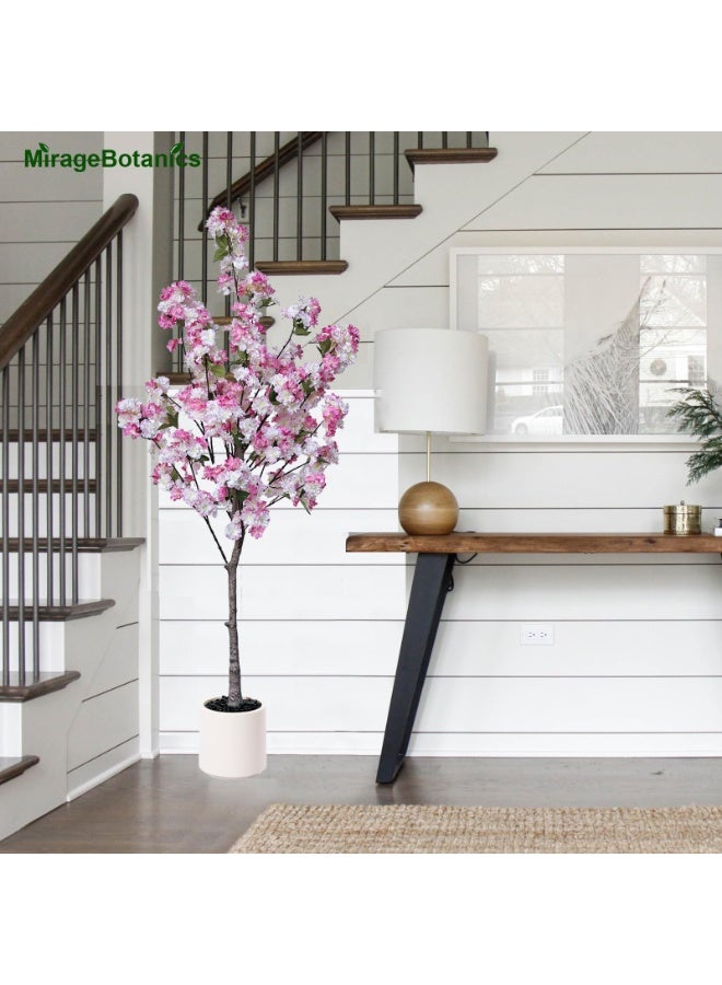 ميراج بوتانيكس شجرة زهرة الكرز الاصطناعية مع المزرع الأبيض، 150 سم النباتات المزيفة في الداخل، الزهور الزهرية الوردية زائفة زاهرة الشجرة، الأشجار الاصطناعية حرير النبات للمنزل غرفة النوم غرفة المعيشة مكتب مدخل الشرفة ديكور - Image 3