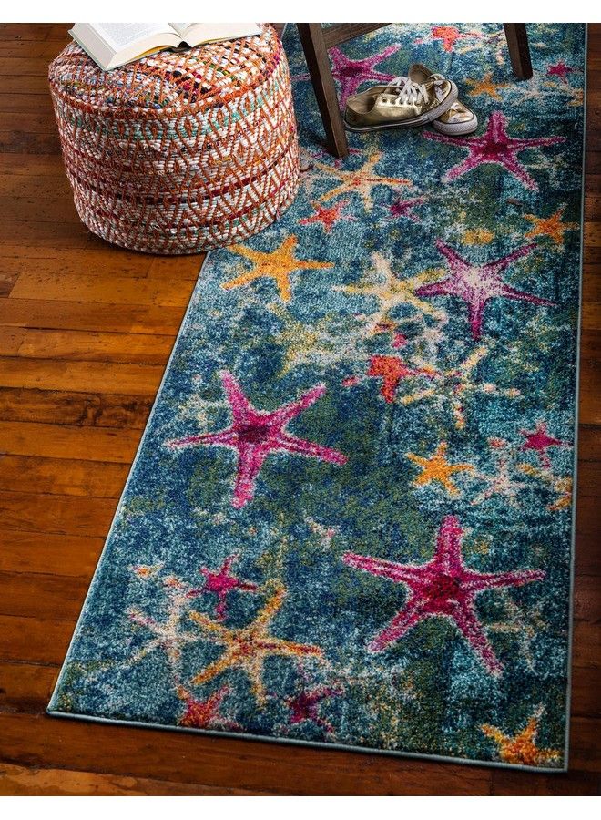 Unique Loom Positano Collection Coastal Modern Bright Colors Starfish Navy Blue Runner Rug (2' X 7') - Image 2