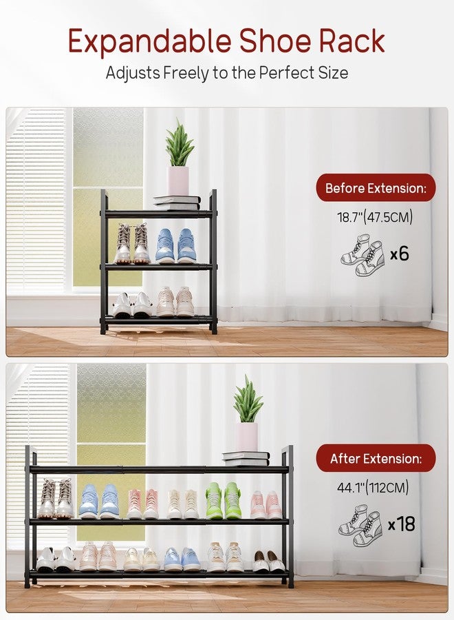 Bumusty 3-Tier Long Expandable Shoe Rack for Closet, 18"-44" Adjustable Shoe Rack for Entryway, 15-18 Pairs Large Shoe Organizer Shelf Storage, Sturdy Metal, Black - Image 2
