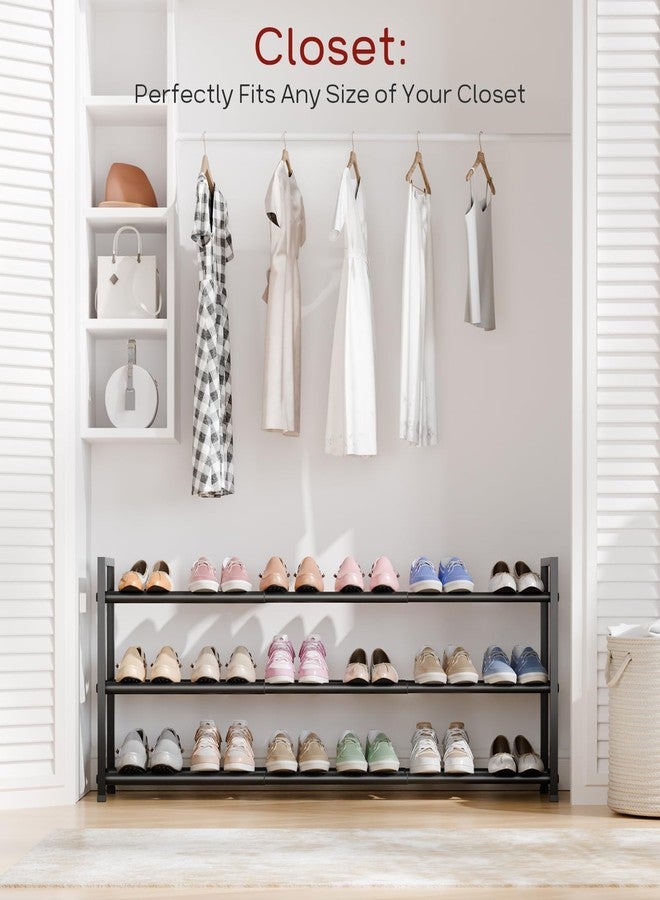 Bumusty 3-Tier Long Expandable Shoe Rack for Closet, 18"-44" Adjustable Shoe Rack for Entryway, 15-18 Pairs Large Shoe Organizer Shelf Storage, Sturdy Metal, Black - Image 4
