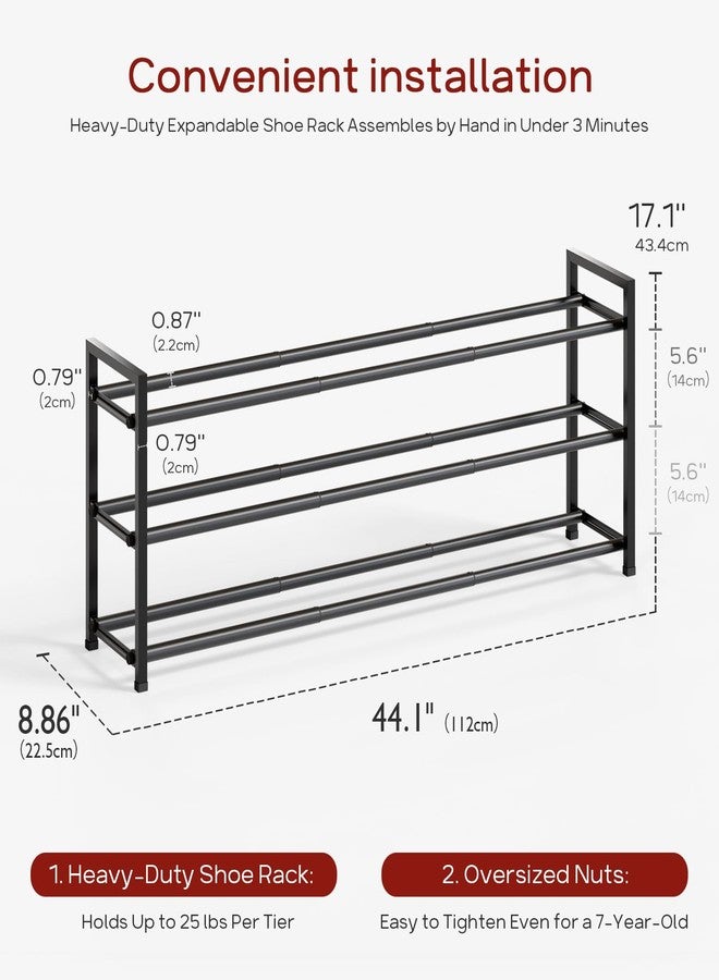 Bumusty 3-Tier Long Expandable Shoe Rack for Closet, 18"-44" Adjustable Shoe Rack for Entryway, 15-18 Pairs Large Shoe Organizer Shelf Storage, Sturdy Metal, Black - Image 5