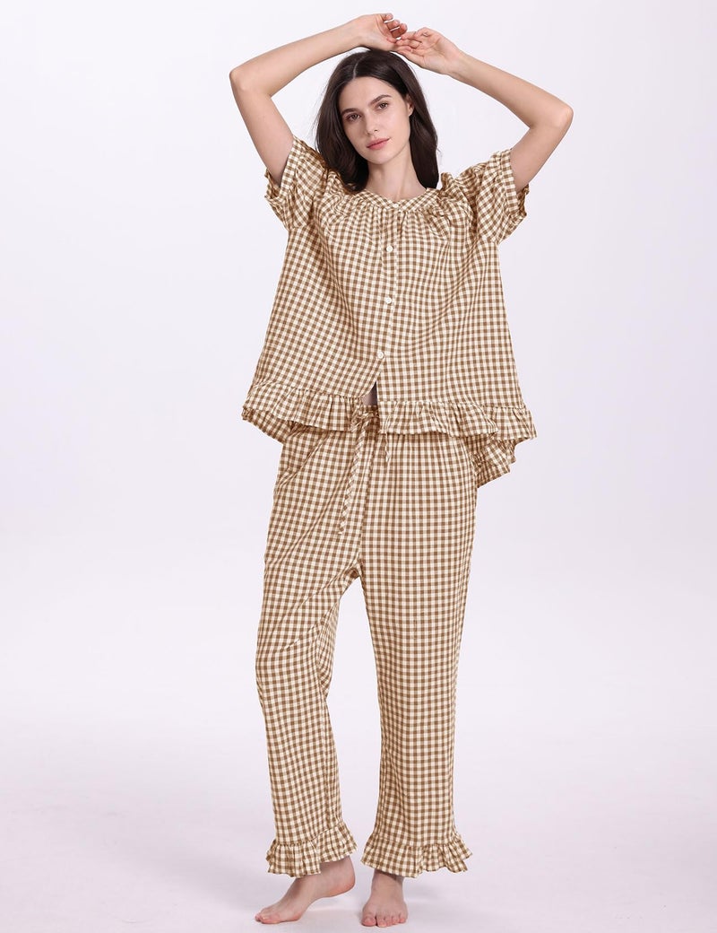 PEHMEA Women's 2 Piece Gingham Pajama Set, Plaid Short Sleeve Babydoll Shirt Ruffle Pants Lounge Pjs Sleepwear(Coffee-M) - Image 2