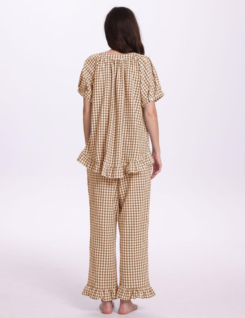 PEHMEA Women's 2 Piece Gingham Pajama Set, Plaid Short Sleeve Babydoll Shirt Ruffle Pants Lounge Pjs Sleepwear(Coffee-M) - Image 4