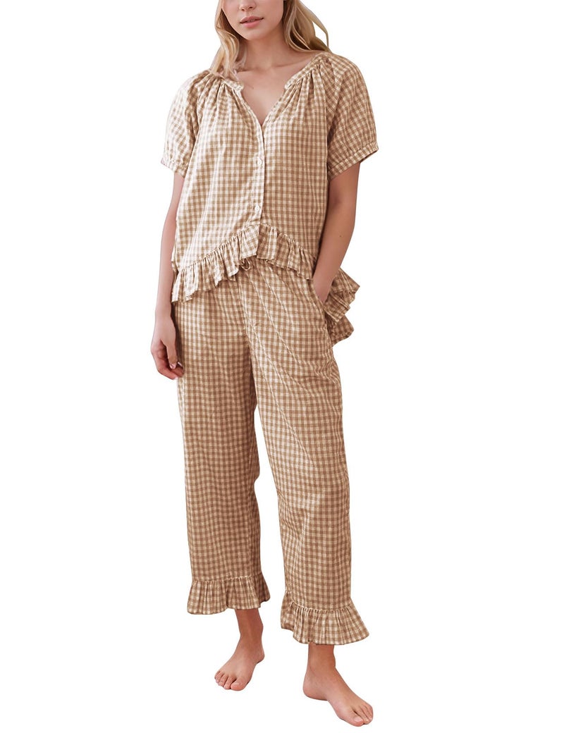 PEHMEA Women's 2 Piece Gingham Pajama Set, Plaid Short Sleeve Babydoll Shirt Ruffle Pants Lounge Pjs Sleepwear(Coffee-M) - Image 1