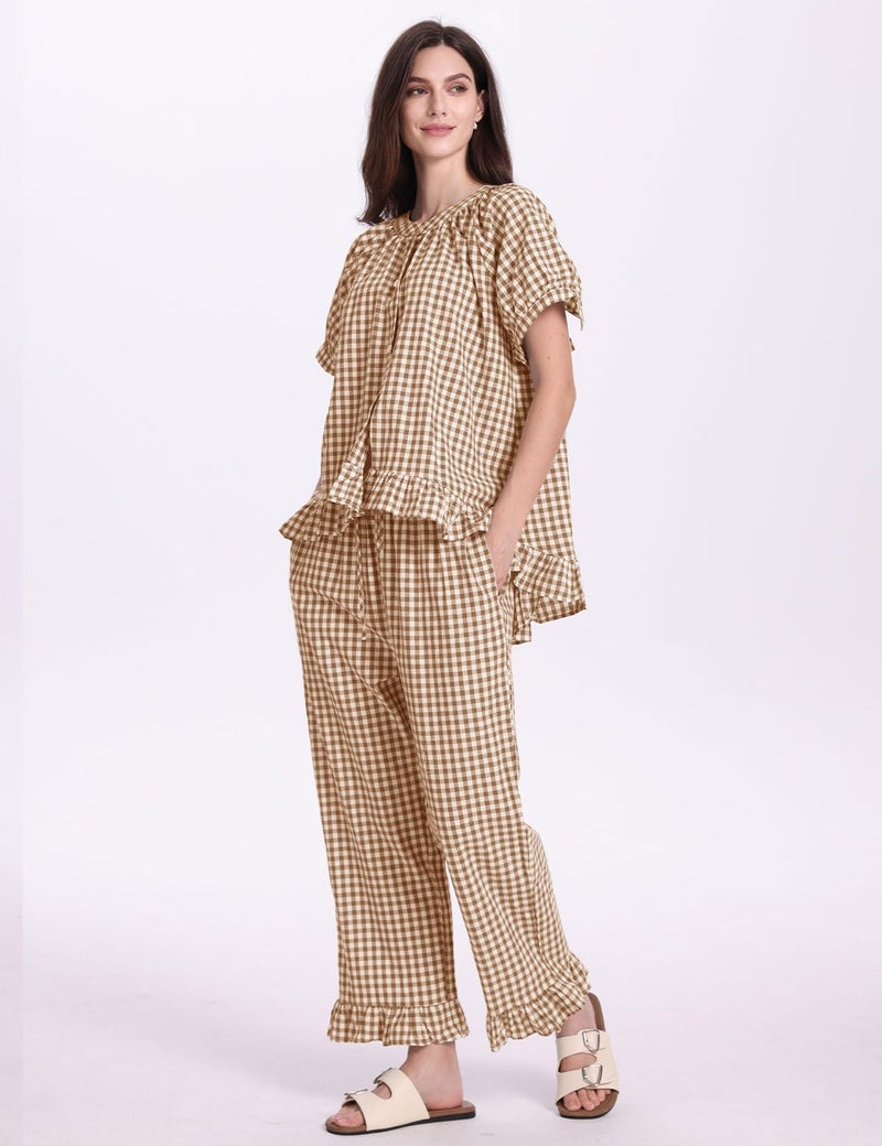 PEHMEA Women's 2 Piece Gingham Pajama Set, Plaid Short Sleeve Babydoll Shirt Ruffle Pants Lounge Pjs Sleepwear(Coffee-M) - Image 3