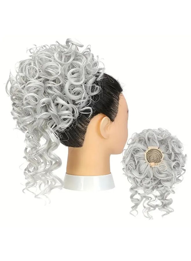 Synthetic Curly Bun Wig Silvery Grey 12 Inch High Temperature Fiber Elastic Loop Tousled Updo For Women Daily Wear Party - Image 3