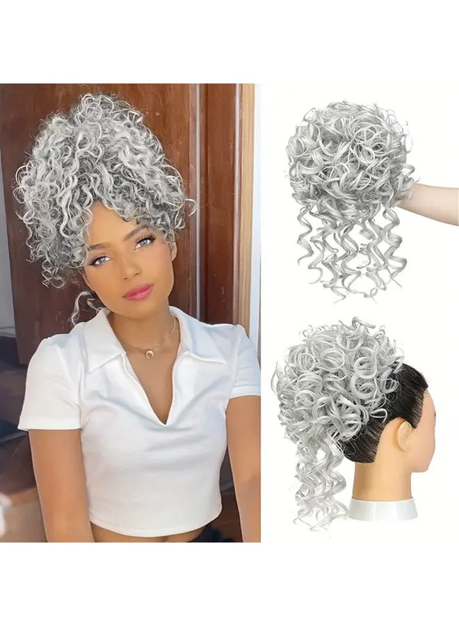 Synthetic Curly Bun Wig Silvery Grey 12 Inch High Temperature Fiber Elastic Loop Tousled Updo For Women Daily Wear Party - Image 1