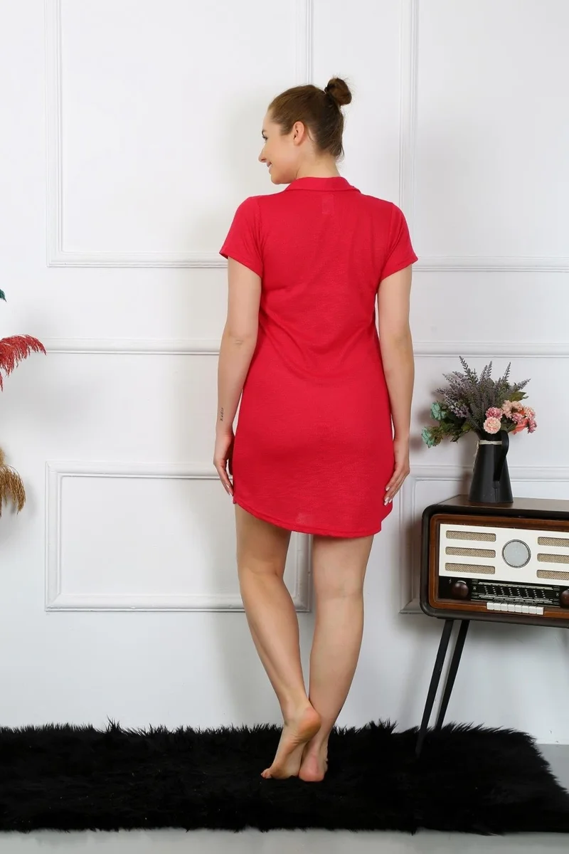 اكبينيز Women's Cotton Woven Short Sleeve Buttoned Red Tunic Nightgown 13110