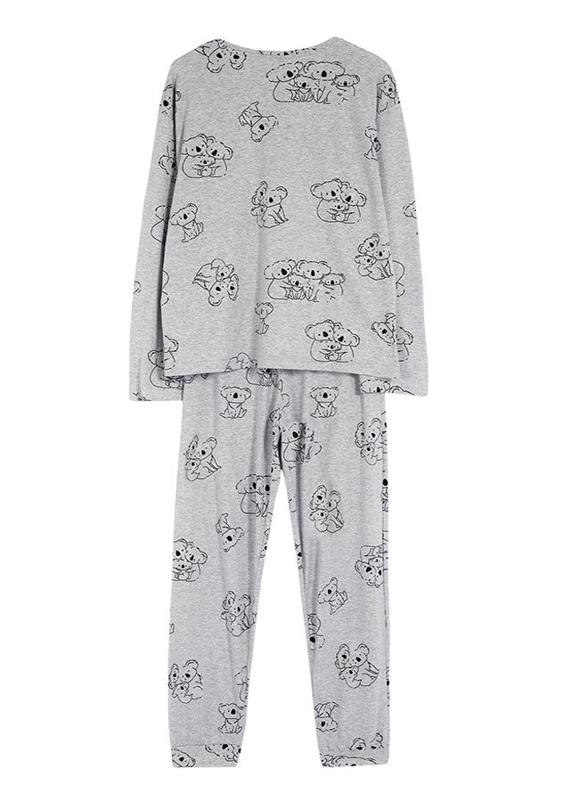 Gray Melange Cotton Animal Pattern Knitted Pajama Set THMAW25PT00020