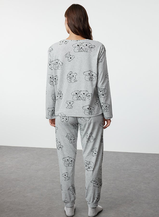 trendyol Gray Melange Cotton Animal Pattern Knitted Pajama Set THMAW25PT00020  - Image 5