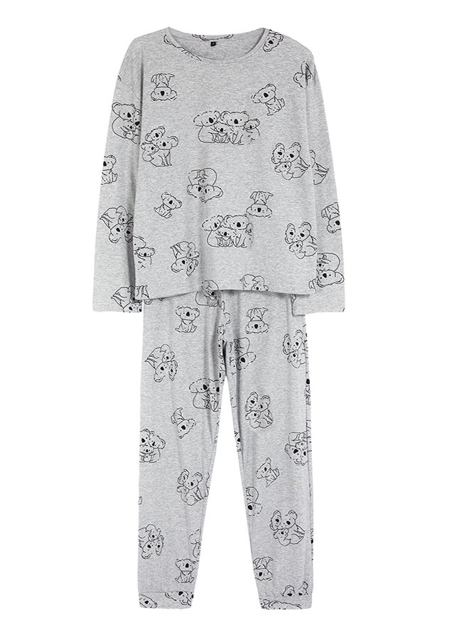 Gray Melange Cotton Animal Pattern Knitted Pajama Set THMAW25PT00020