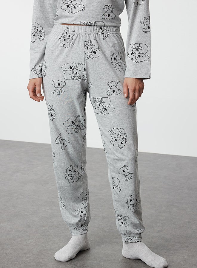 trendyol Gray Melange Cotton Animal Pattern Knitted Pajama Set THMAW25PT00020  - Image 3