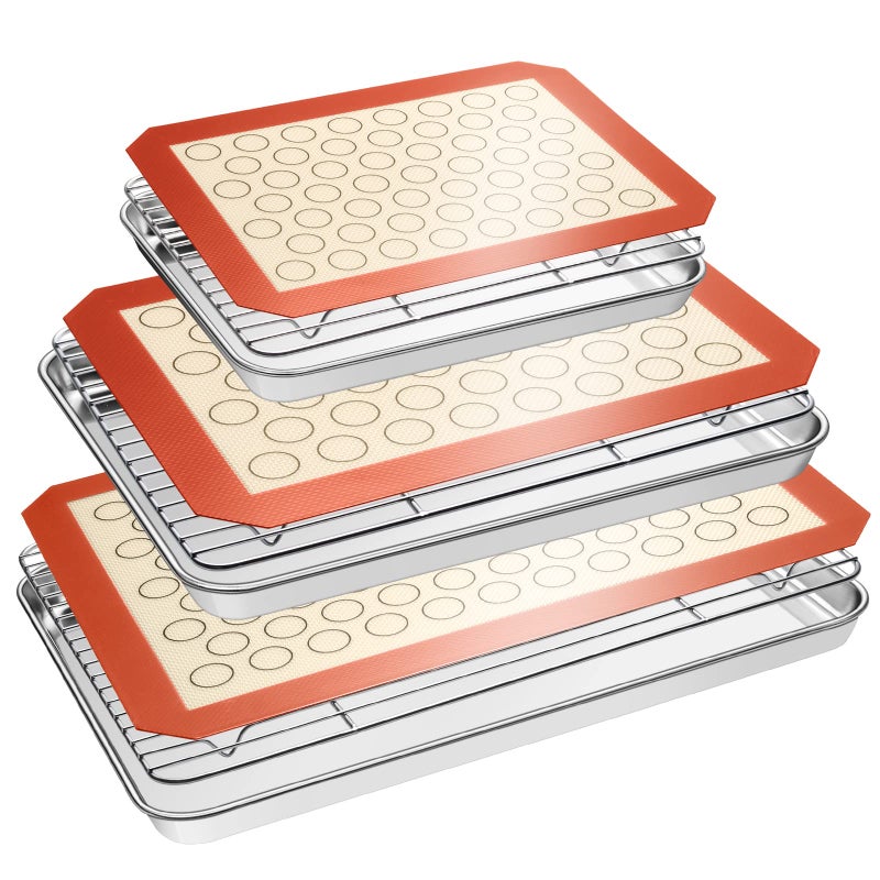 EWFEN Baking Sheet Tray Cooling Rack with Silicone Baking Mat Set, Stainless Steel Cookie Pan For Oven, Set of 9 (3 Sheets + 3 Racks + 3 Mats), Warp Resistant & Heavy Duty & Easy Clean, Red - Image 1