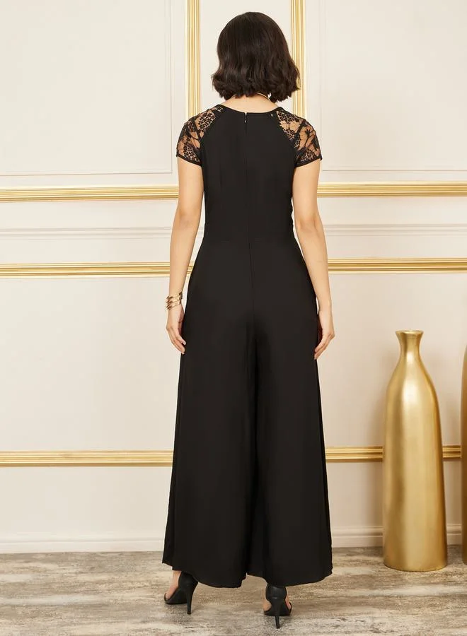 Styli Contrast Mesh Insert Wide Leg Jumpsuit