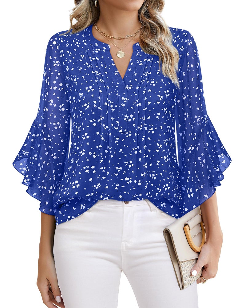 Timeson Womens 3/4 Sleeve Tops: Office Attire - Blouses for Woman - Womens Dress Shirts Junior Business Casual Tops Ladies Work Professional Clothes Elegant Fall Dressy Chiffon Tunics Spotted Blue L - Image 1