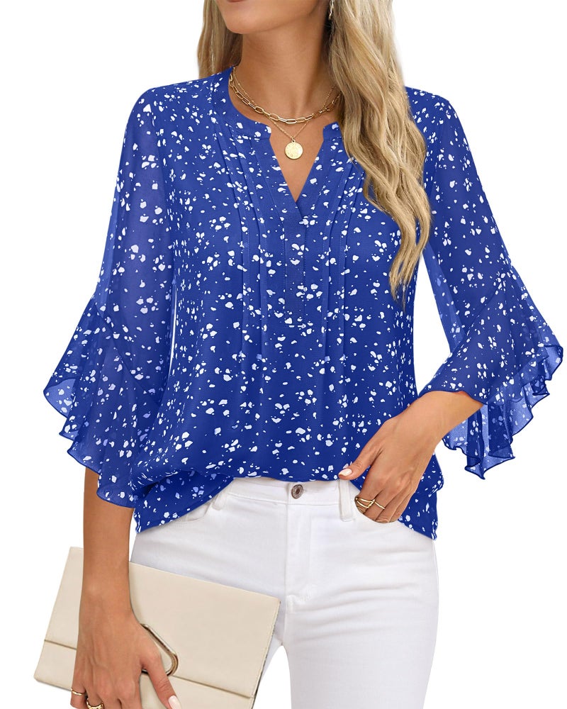 Timeson Womens 3/4 Sleeve Tops: Office Attire - Blouses for Woman - Womens Dress Shirts Junior Business Casual Tops Ladies Work Professional Clothes Elegant Fall Dressy Chiffon Tunics Spotted Blue L - Image 2