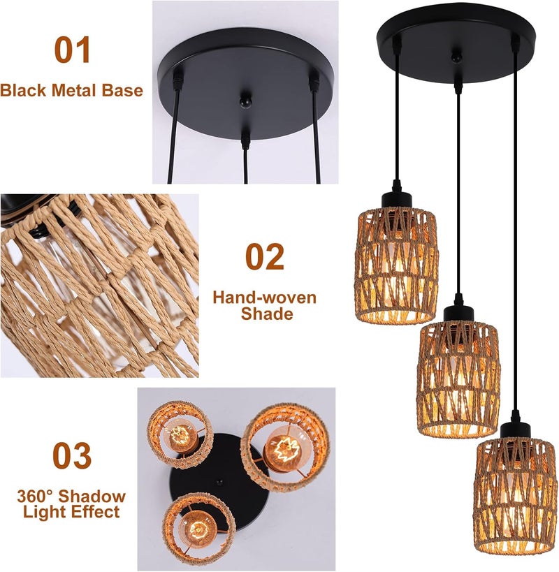 Garwarm 3-Light Rattan Pendant Light Fixtures, Industrial brown Hanging Lighting, Adjustable Woven Wicker Chandelier, Farmhouse Basket Ceiling Lamp for Kitchen Island Dining Room Bedroom Foyer Hallway - Image 4