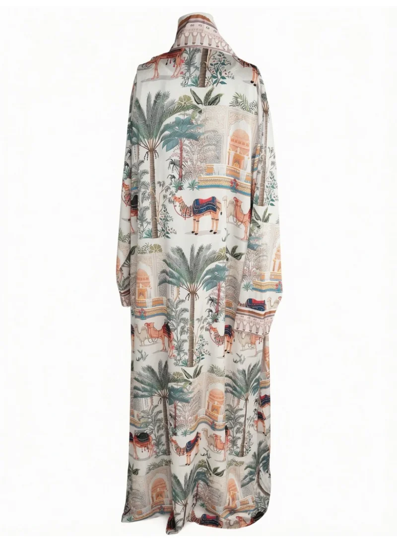 Amnad International Women's Armani Silk Printed Abaya with Matching Hijab, Desert & Palm Print, Modest Loose Fit, Sizes 52-60 inches