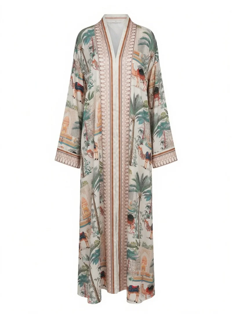 Amnad International Women's Armani Silk Printed Abaya with Matching Hijab, Desert & Palm Print, Modest Loose Fit, Sizes 52-60 inches