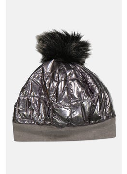 Women Shiny Quilted Pom Pom Beanie Hat, Silver
