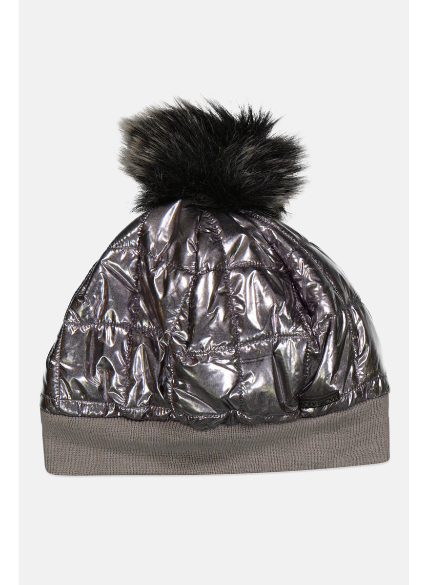 Body Glove - Women Shiny Quilted Pom Pom Beanie Hat, Silver - Image 1