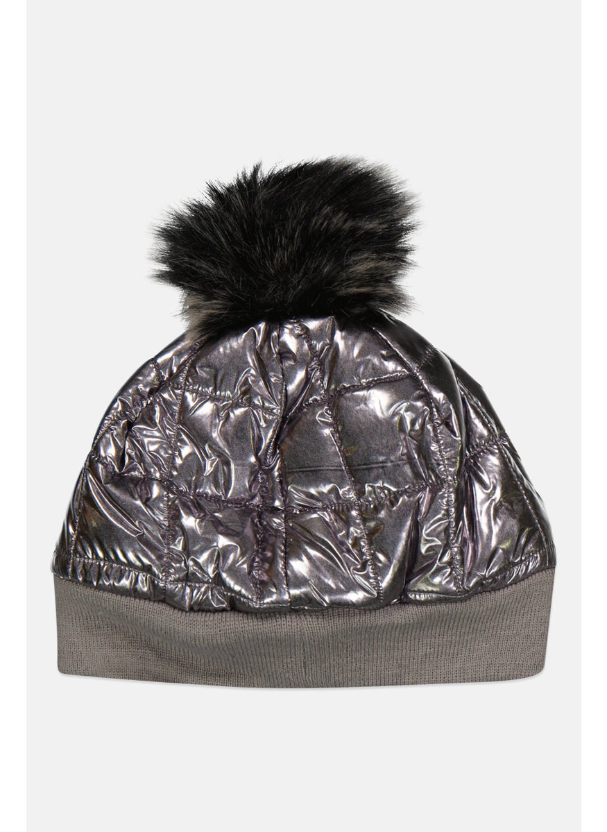 Body Glove - Women Shiny Quilted Pom Pom Beanie Hat, Silver - Image 1