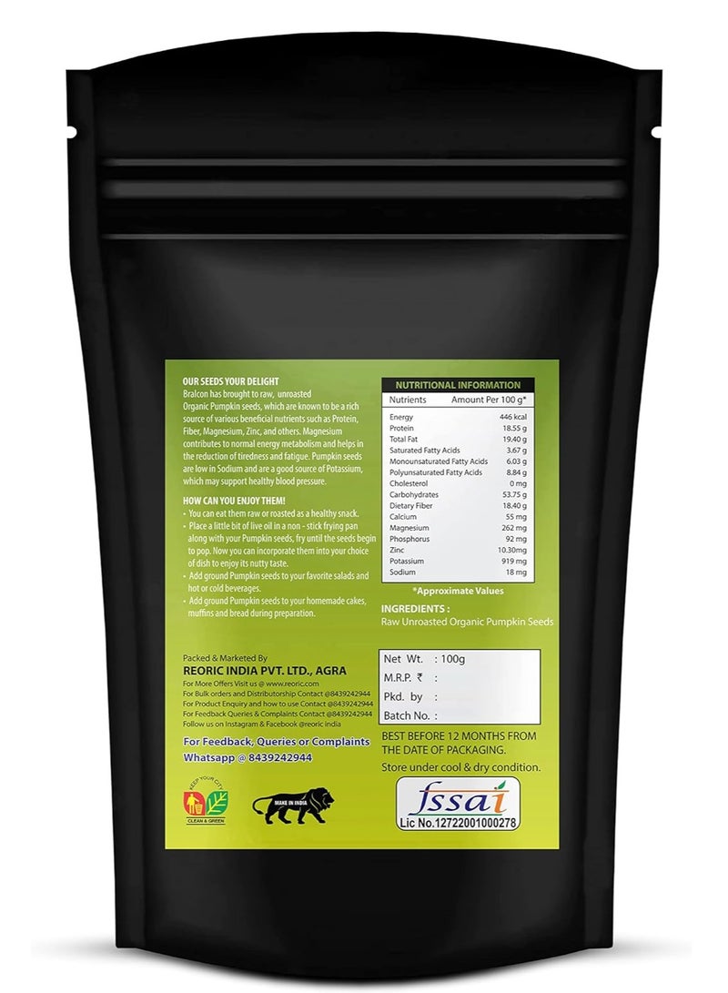 BRALCON Organic Pumpkin Seeds - 100g | Raw Unroasted Pumpkin Seeds for Eating | Protein and Fiber Rich Superfood | Rich in Omega-3 fatty acids - Image 2