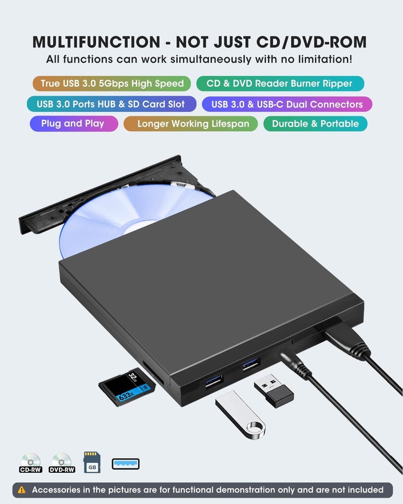 ROOFULL External CD DVD Drive with SD Card Reader & USB 3.0 Ports Hub & Carrying Case, USB-C CD DVD ROM/RW Disk Player Burner Writer for Laptop Mac PC Windows 11/10 MacBook iMac Desktop Computer - Image 2