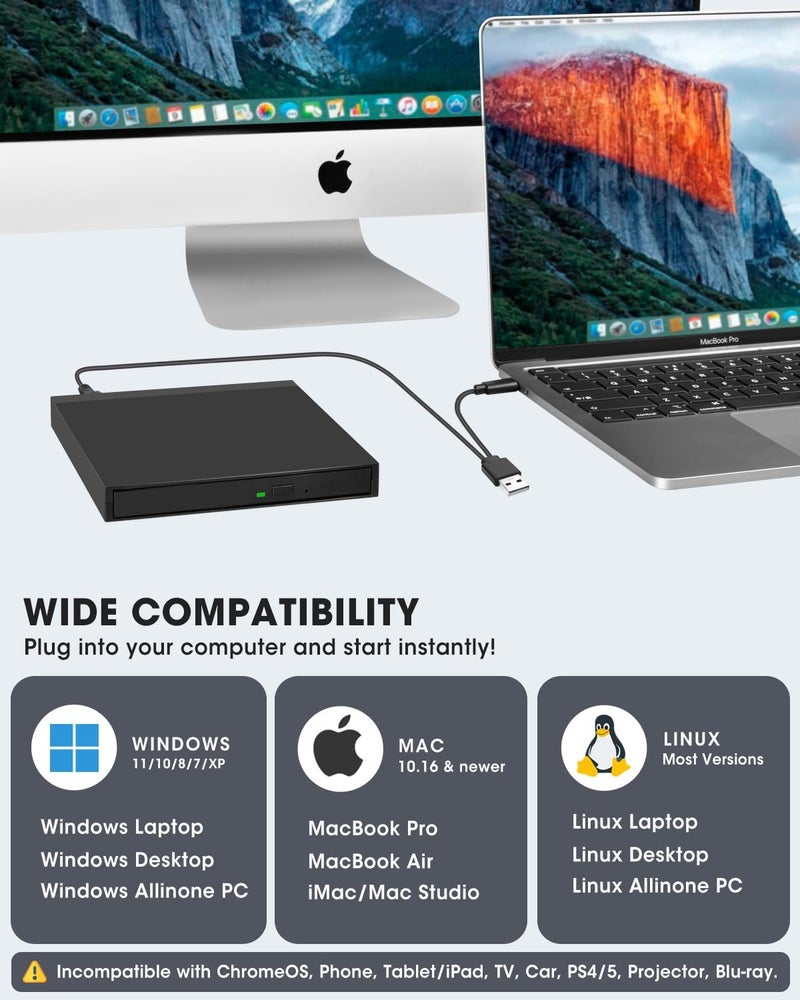 ROOFULL External CD DVD Drive with SD Card Reader & USB 3.0 Ports Hub & Carrying Case, USB-C CD DVD ROM/RW Disk Player Burner Writer for Laptop Mac PC Windows 11/10 MacBook iMac Desktop Computer - Image 4