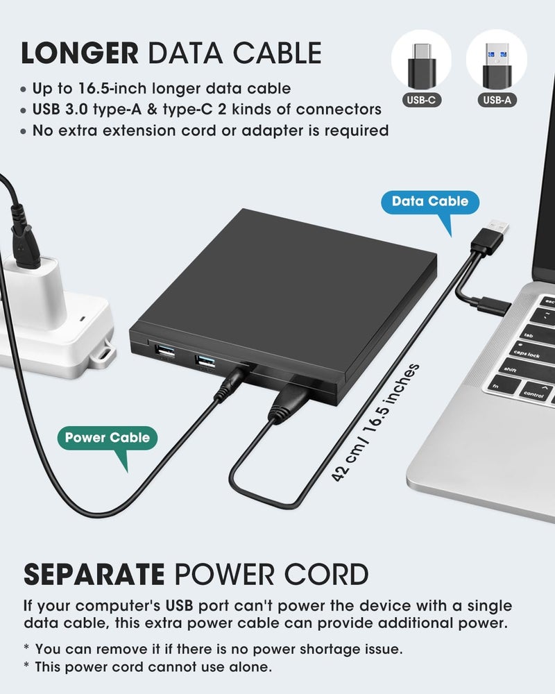 ROOFULL External CD DVD Drive with SD Card Reader & USB 3.0 Ports Hub & Carrying Case, USB-C CD DVD ROM/RW Disk Player Burner Writer for Laptop Mac PC Windows 11/10 MacBook iMac Desktop Computer - Image 5
