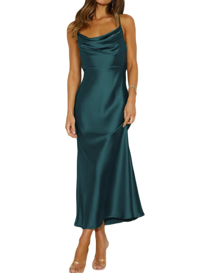 Mogidol Summer Satin Spaghetti Strap Cowl Neck Backless Midi Dresses for Women Elegant Tie Low Back Ruched Cocktail Dress Deep Green - Image 1
