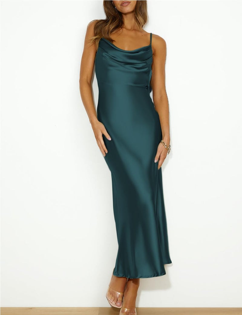 Mogidol Summer Satin Spaghetti Strap Cowl Neck Backless Midi Dresses for Women Elegant Tie Low Back Ruched Cocktail Dress Deep Green - Image 4