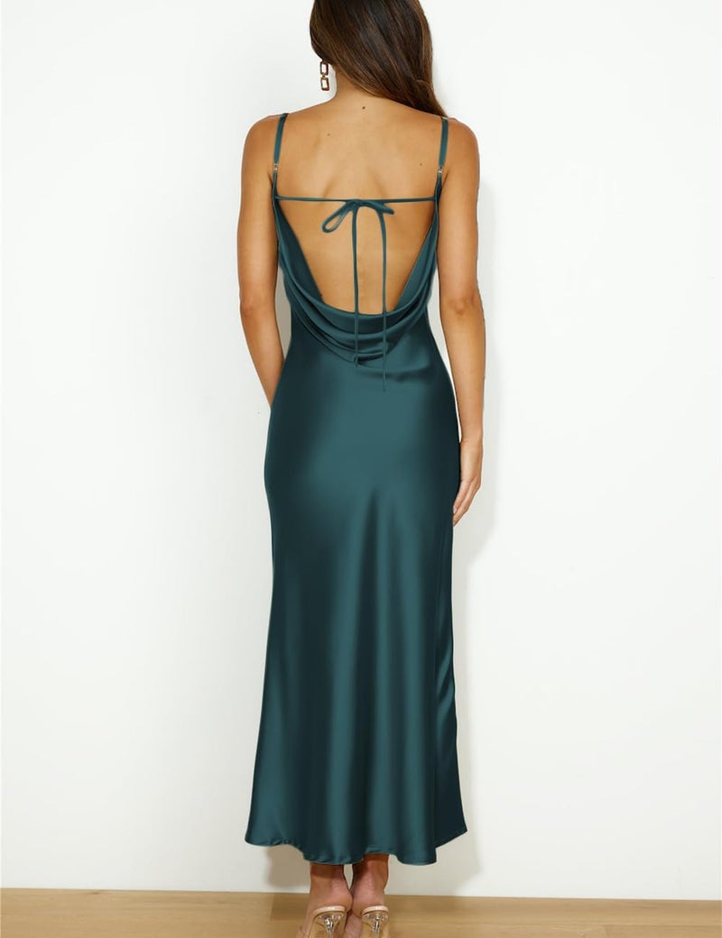 Mogidol Summer Satin Spaghetti Strap Cowl Neck Backless Midi Dresses for Women Elegant Tie Low Back Ruched Cocktail Dress Deep Green - Image 2