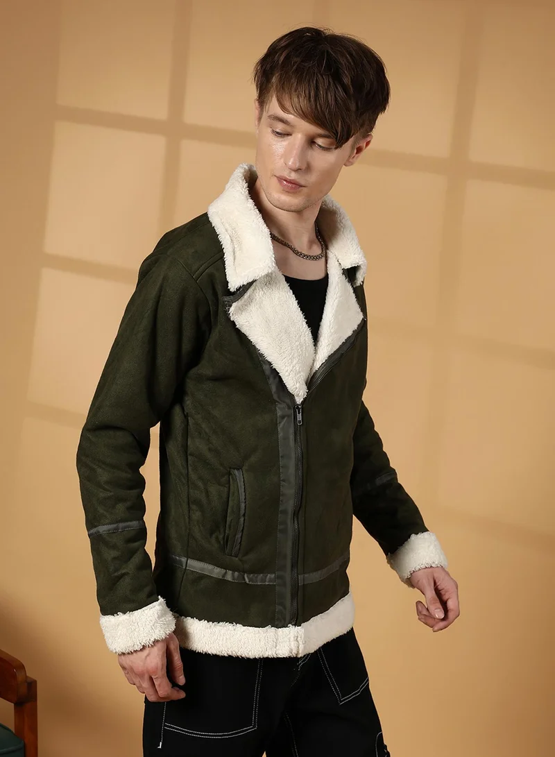 Campus Sutra Men's Army Green Contrast-Fleece Suede Biker Jacket