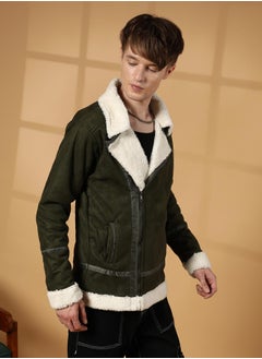 Campus Sutra Men's Army Green Contrast-Fleece Suede Biker Jacket  - Image 3
