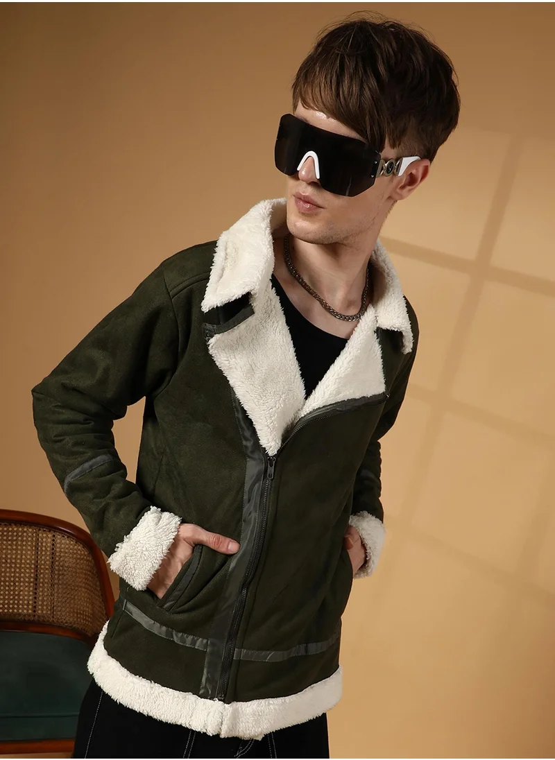 Campus Sutra Men's Army Green Contrast-Fleece Suede Biker Jacket