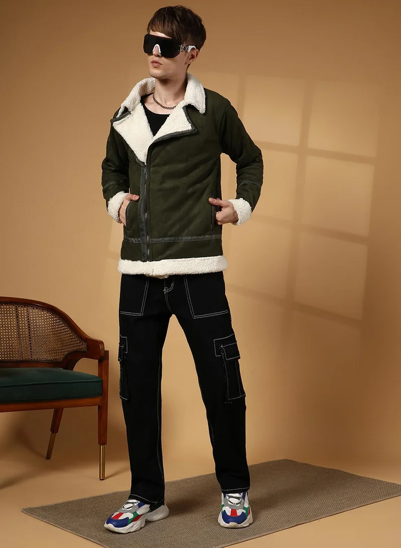 Campus Sutra Men's Army Green Contrast-Fleece Suede Biker Jacket