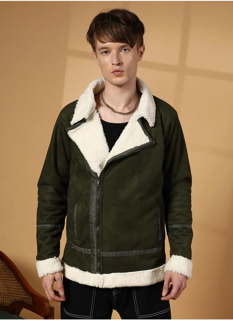 Campus Sutra Men's Army Green Contrast-Fleece Suede Biker Jacket