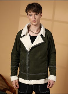 Campus Sutra Men's Army Green Contrast-Fleece Suede Biker Jacket  - Image 2