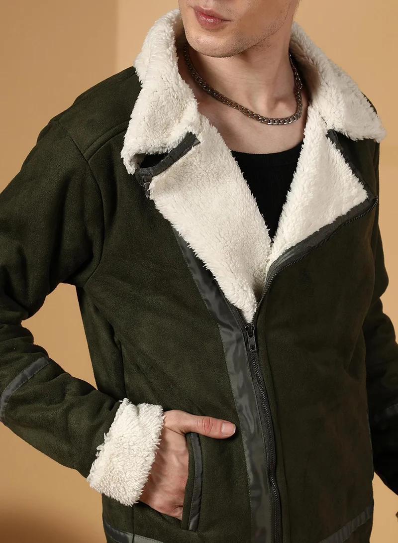 Campus Sutra Men's Army Green Contrast-Fleece Suede Biker Jacket