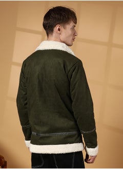 Campus Sutra Men's Army Green Contrast-Fleece Suede Biker Jacket  - Image 5