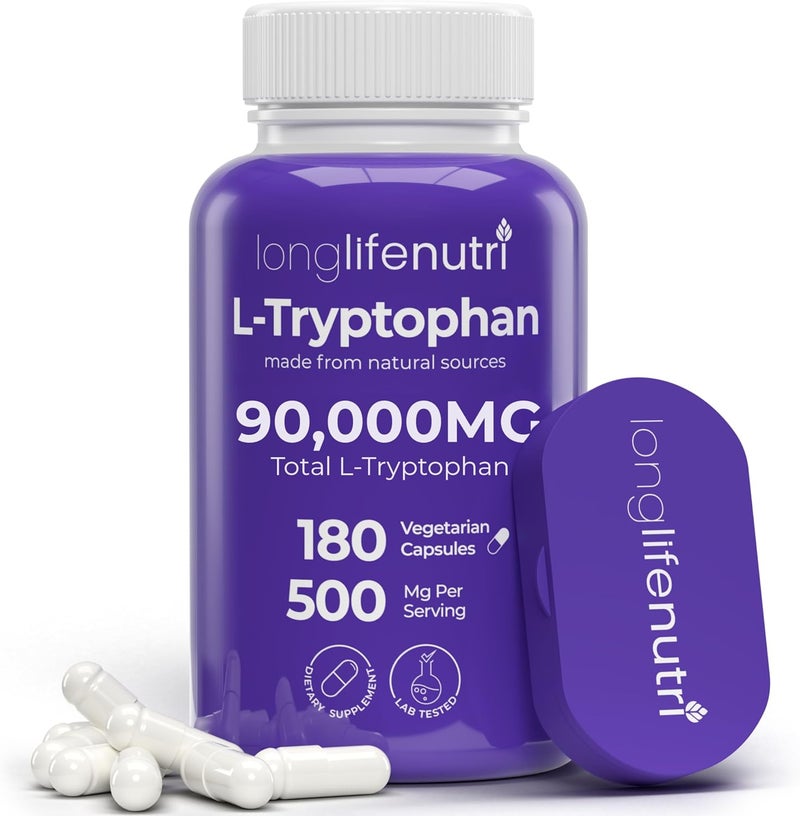 LongLifeNutri L-Tryptophan 500mg Vegetarian Capsules for Adults - Image 1
