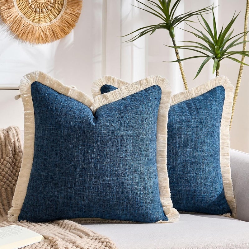 KWLET Boho Pillow Cover 20x20 Inch Decorative Square Throw Pillow Cover Neutral Pillowcase for Couch Bedroom Living Room, Navy Blue - Image 1